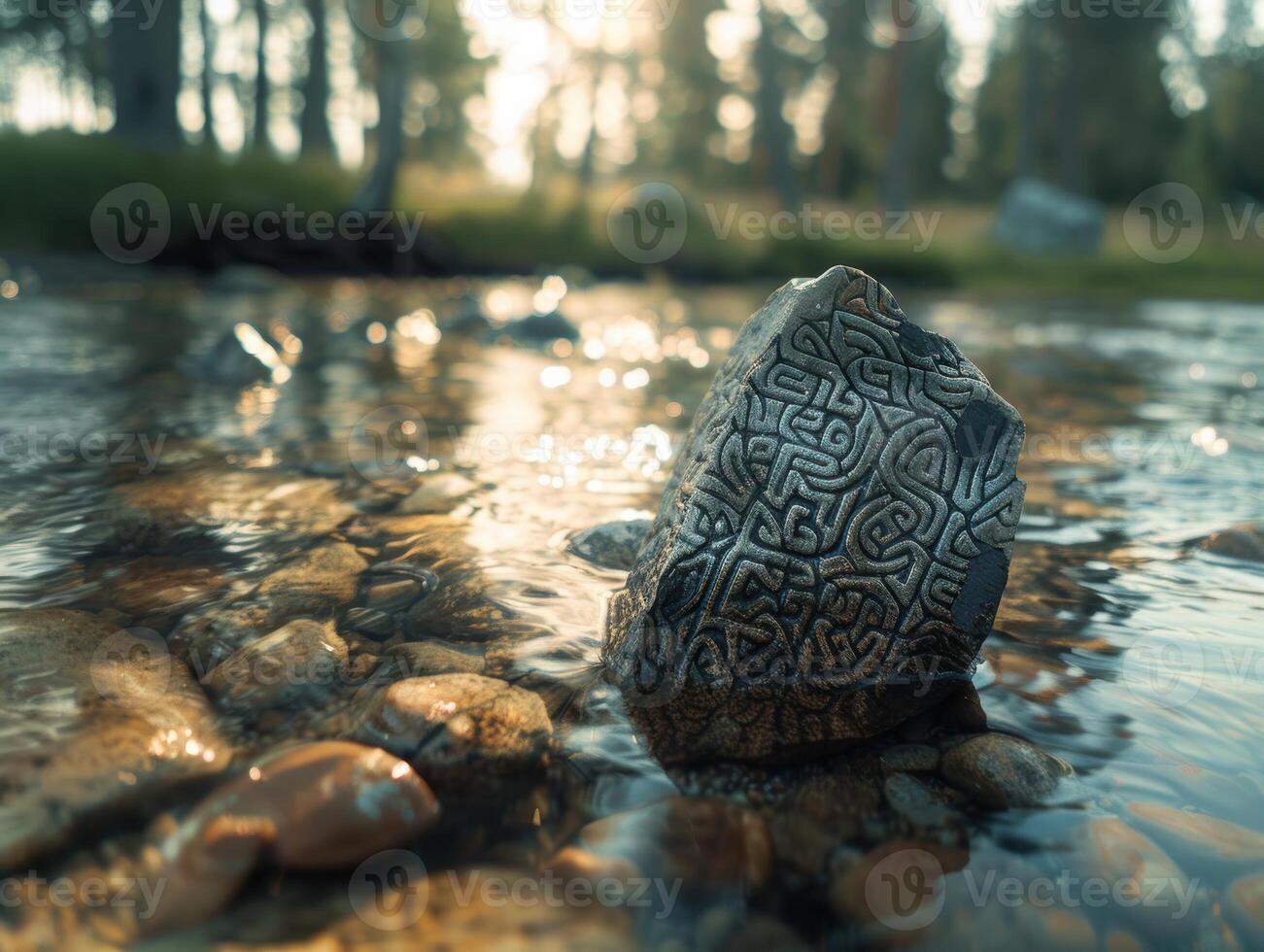 Serene forest stream with carved stone photo