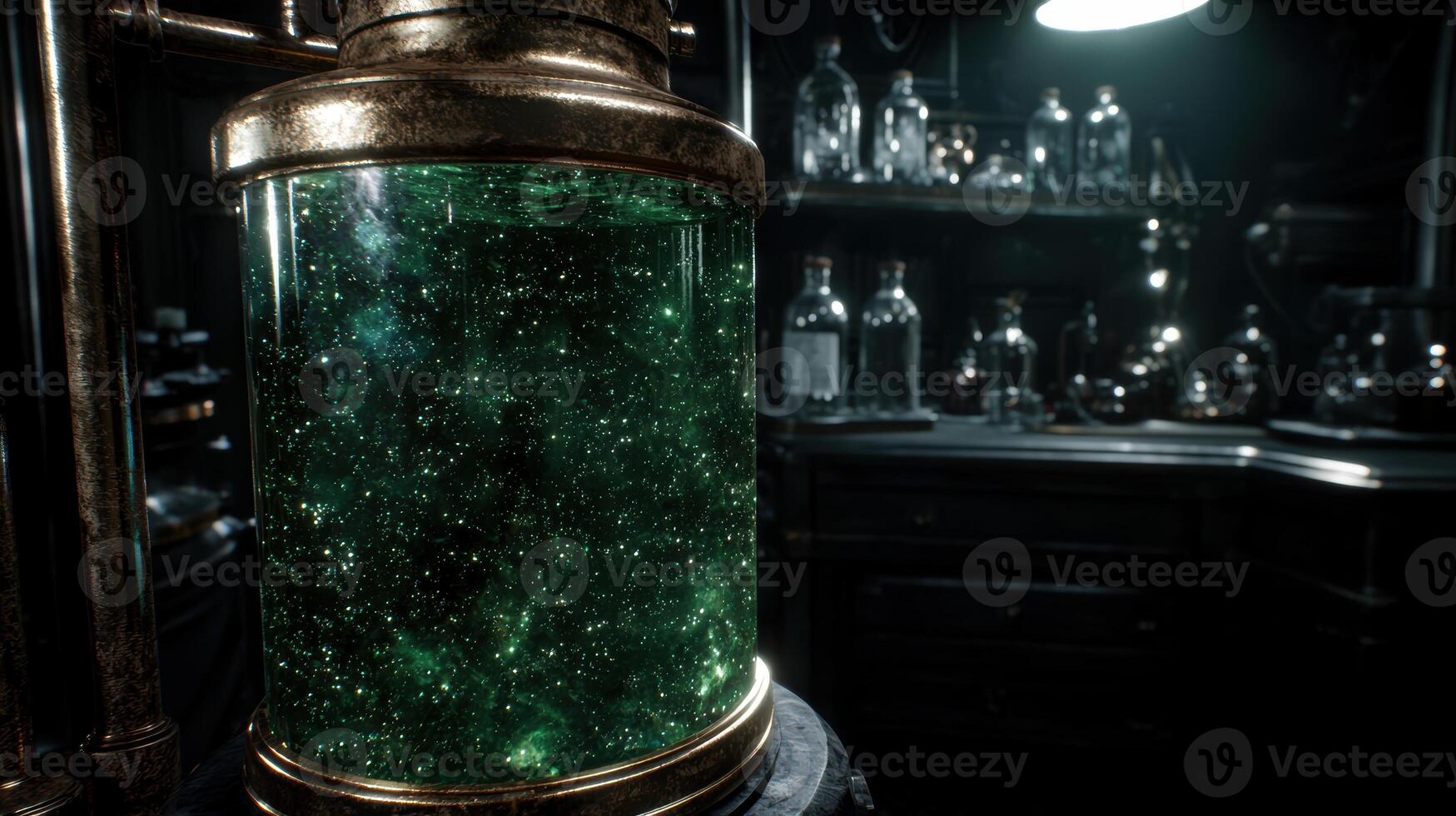 Glowing green liquid in vintage glass container photo