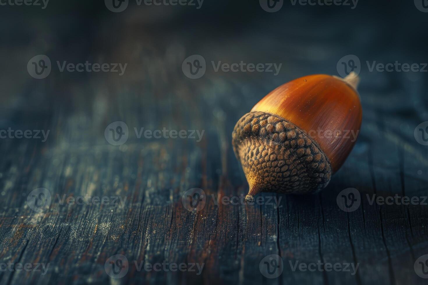 Close up of an acorn on a wooden surface photo