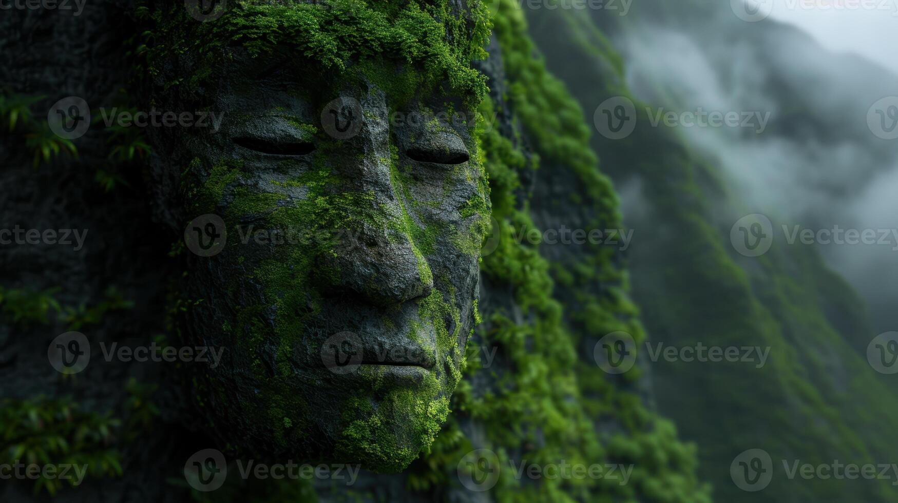 Serene stone face in lush forest photo