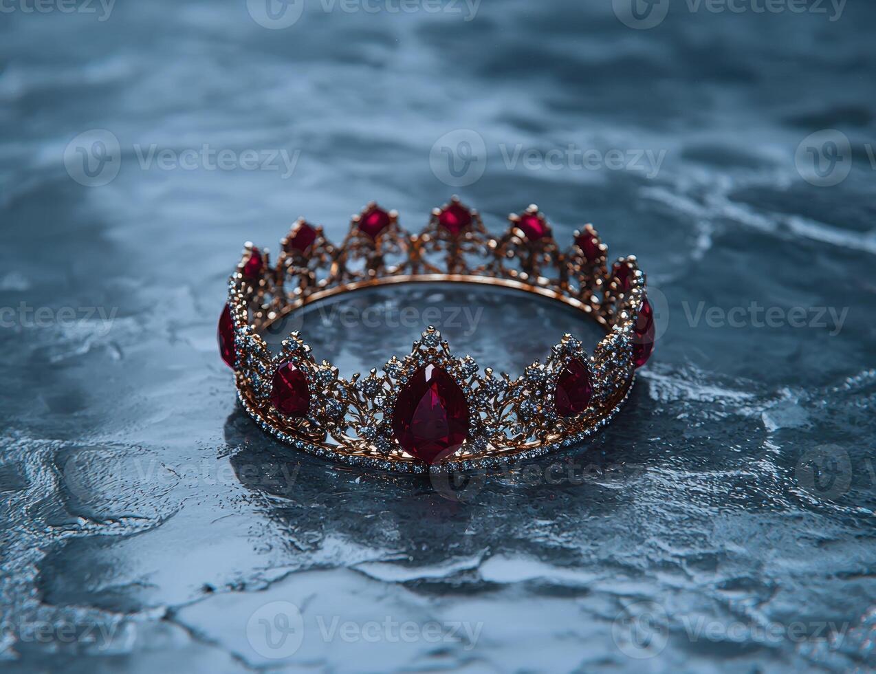 Regal crown with ruby gemstones floating on water photo