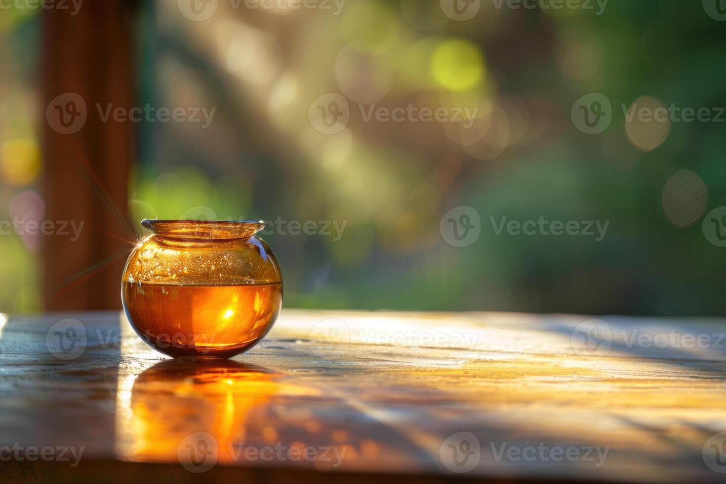 Honey in a glass jar on a wooden table photo