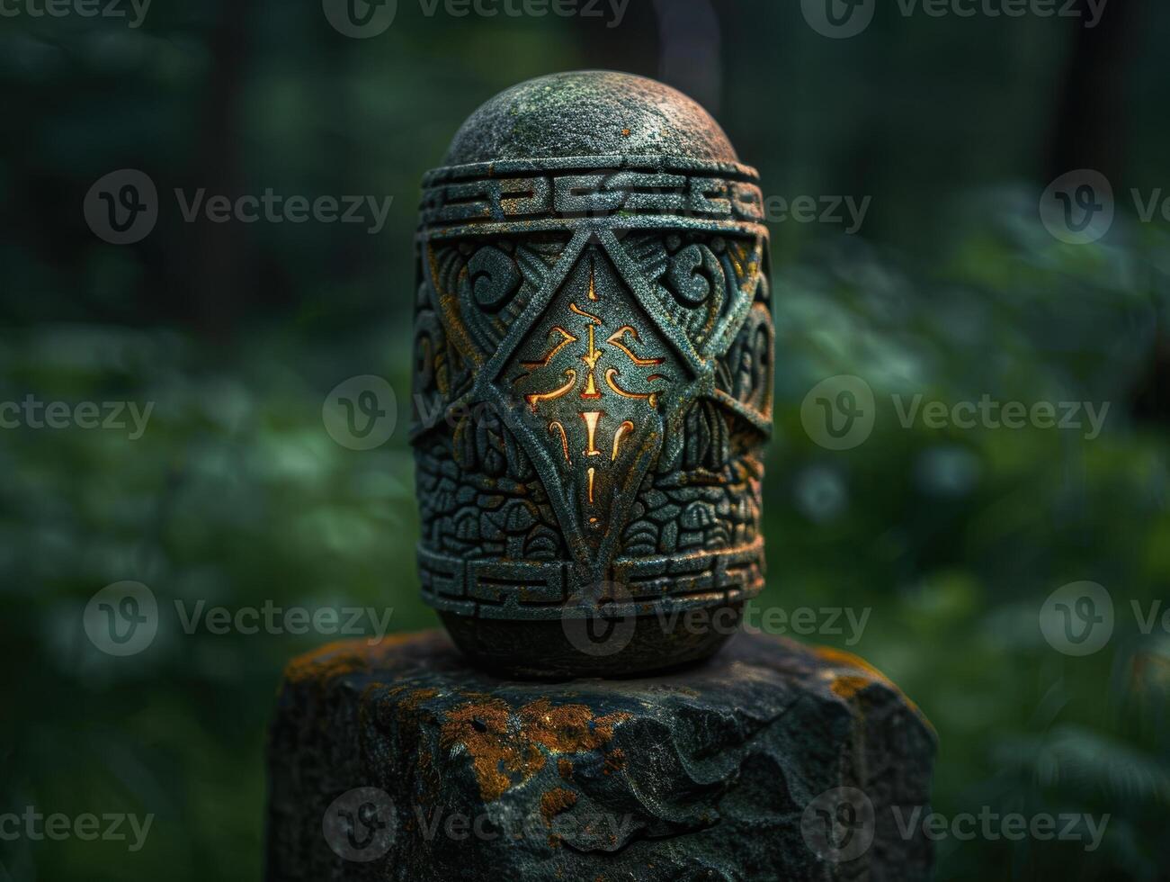 Ornate carved stone sculpture in forest photo