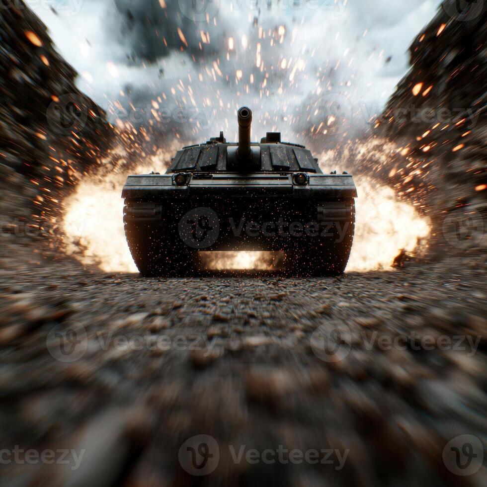 Powerful military tank in action photo