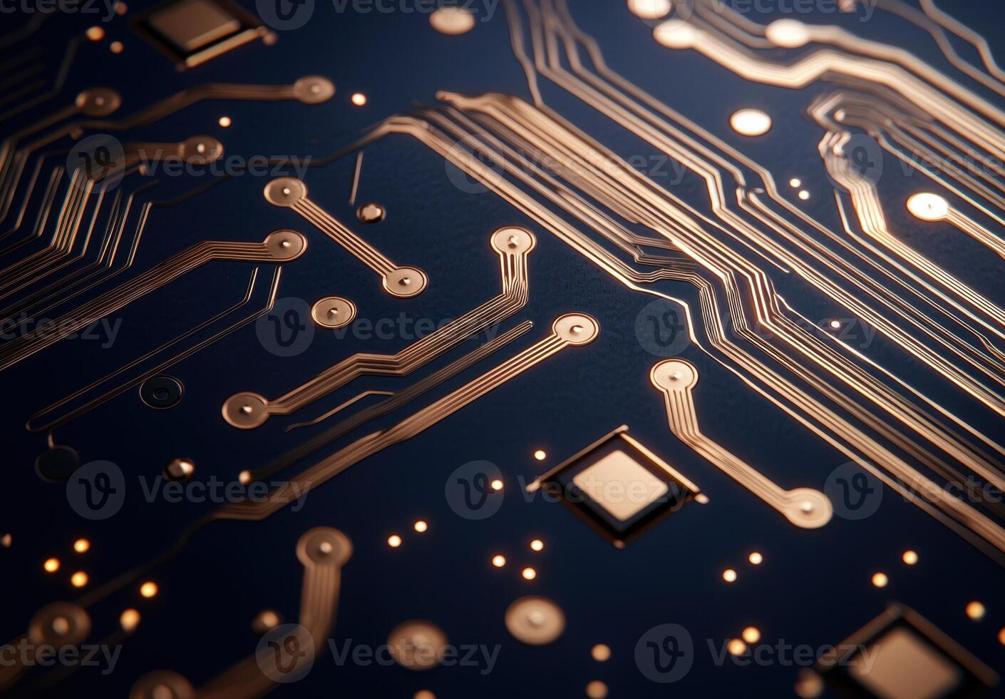 close up view of a circuit board with intricate copper traces and components photo
