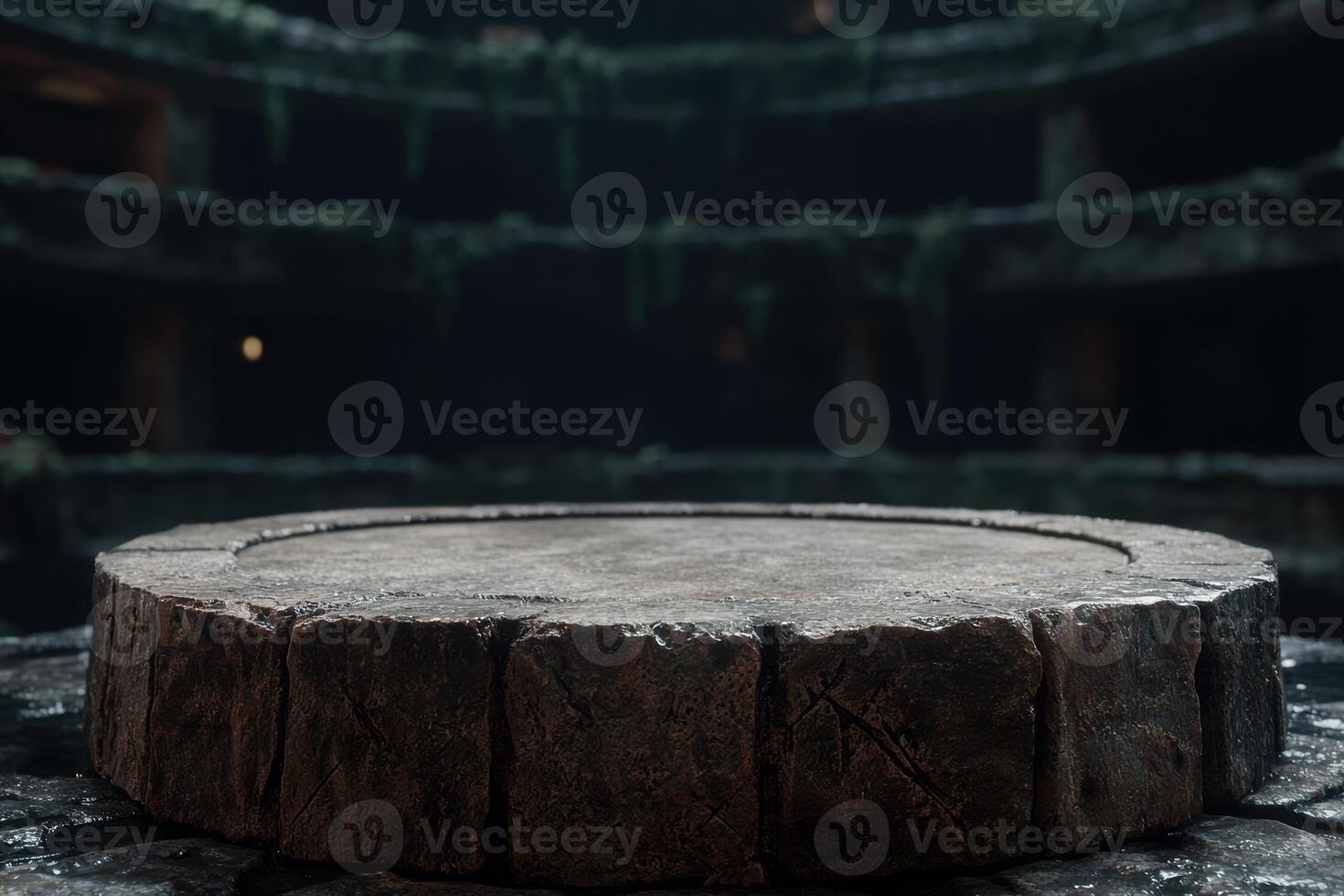 Mysterious dark wooden platform in water photo