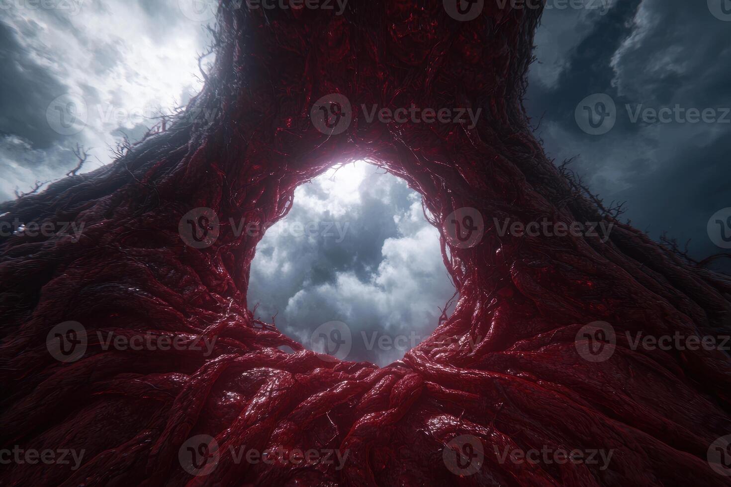 Surreal red organic tunnel with cloudy sky photo