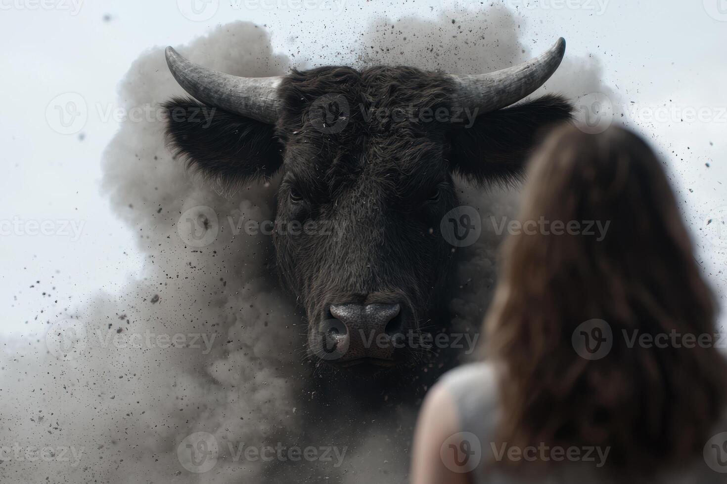 Fierce black buffalo in snowy storm photo