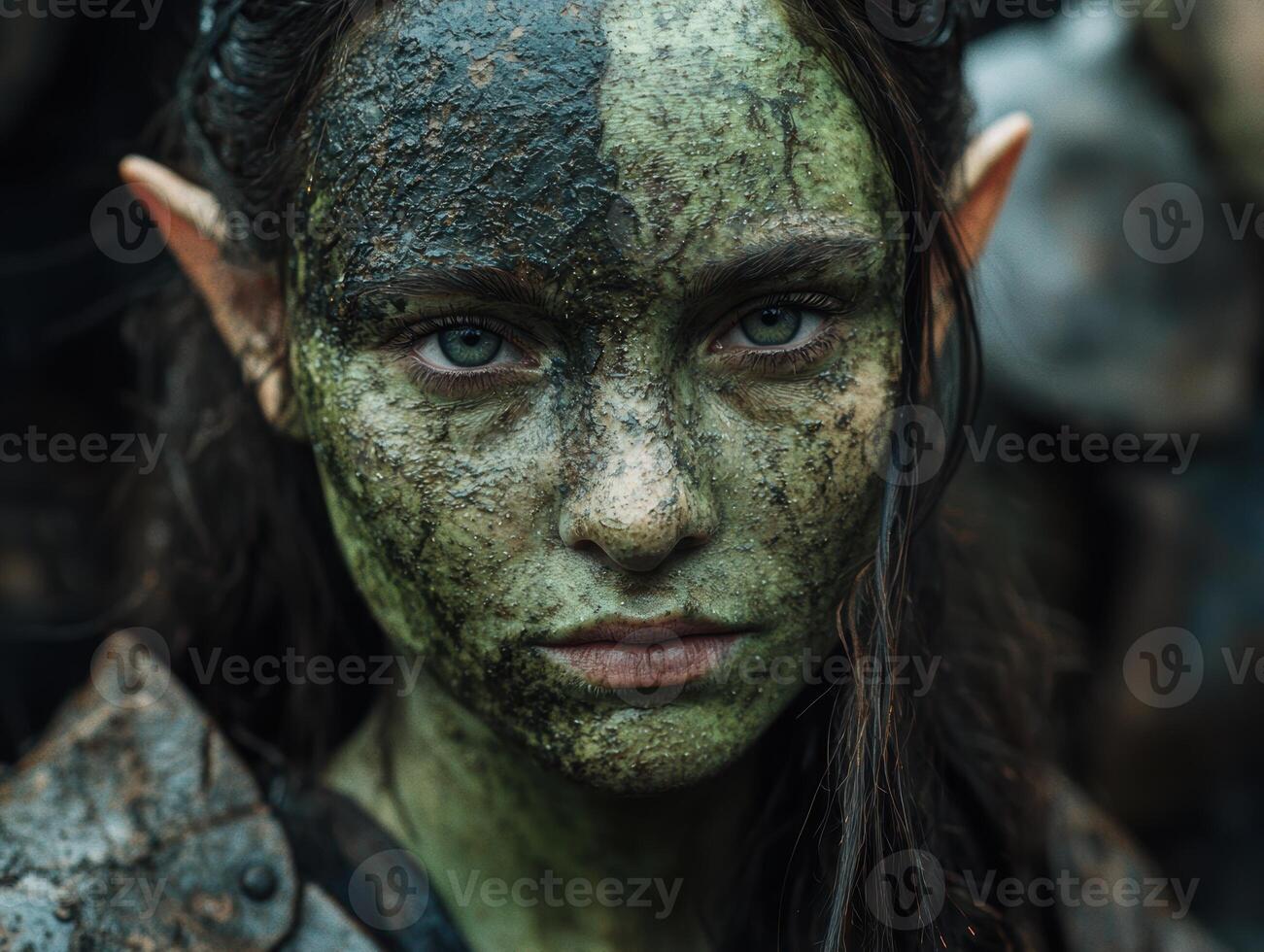 Mysterious elf like creature with green skin and piercing eyes photo