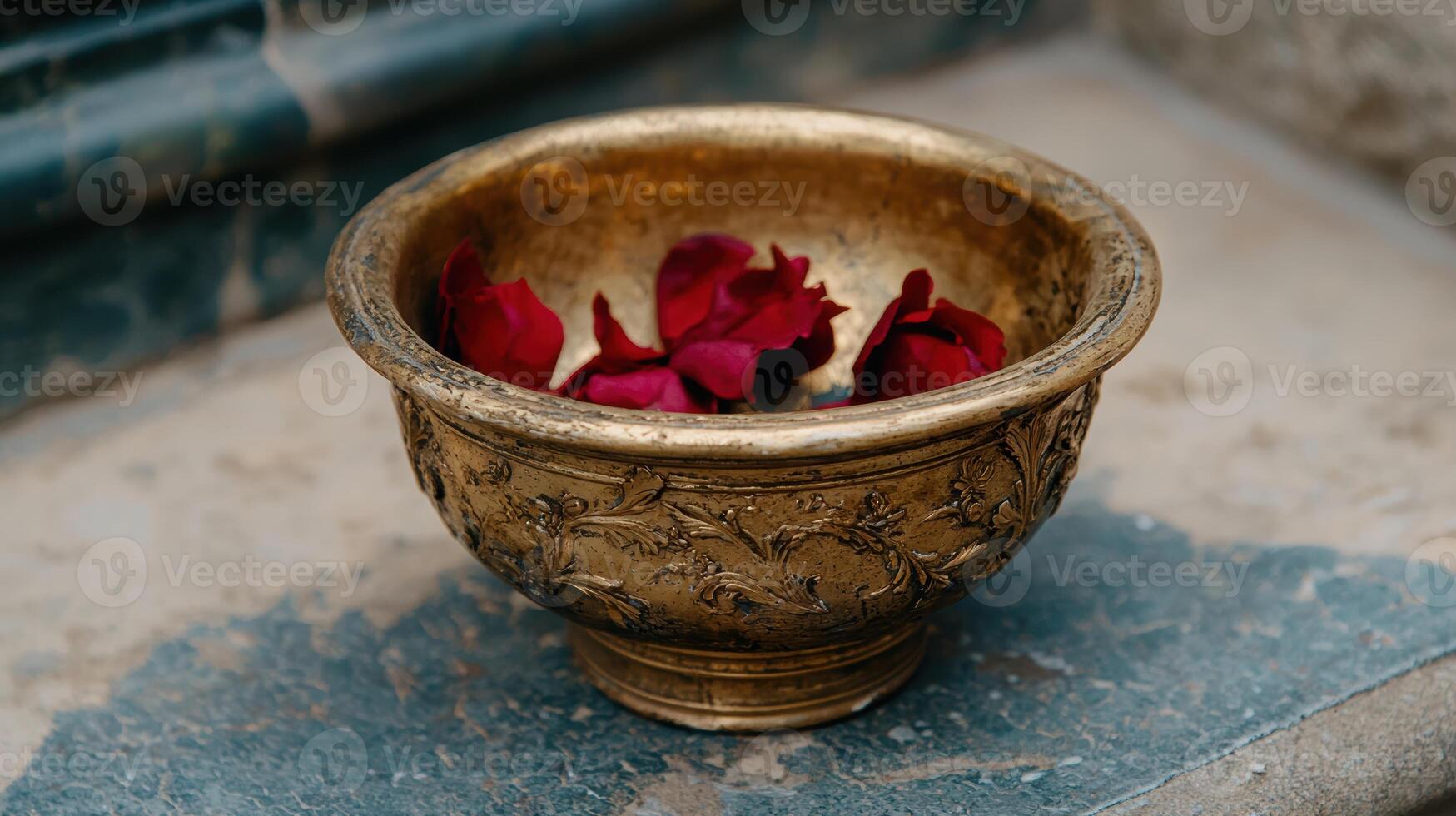 Ornate bowl with red rose petals photo