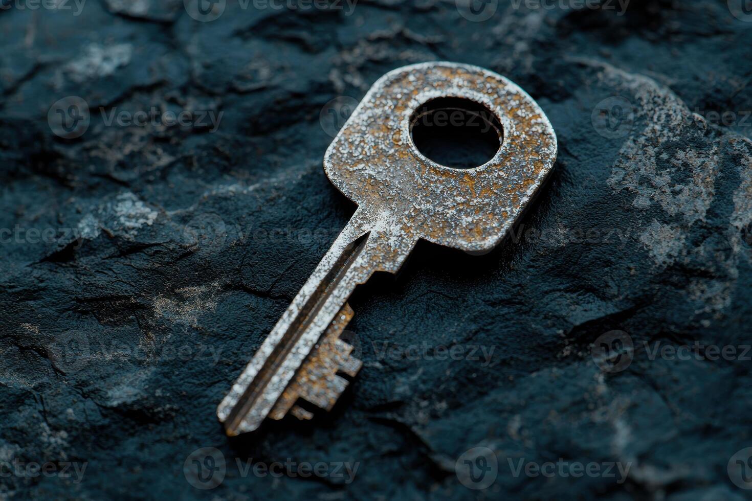 Rusty old key on dark rocky surface photo