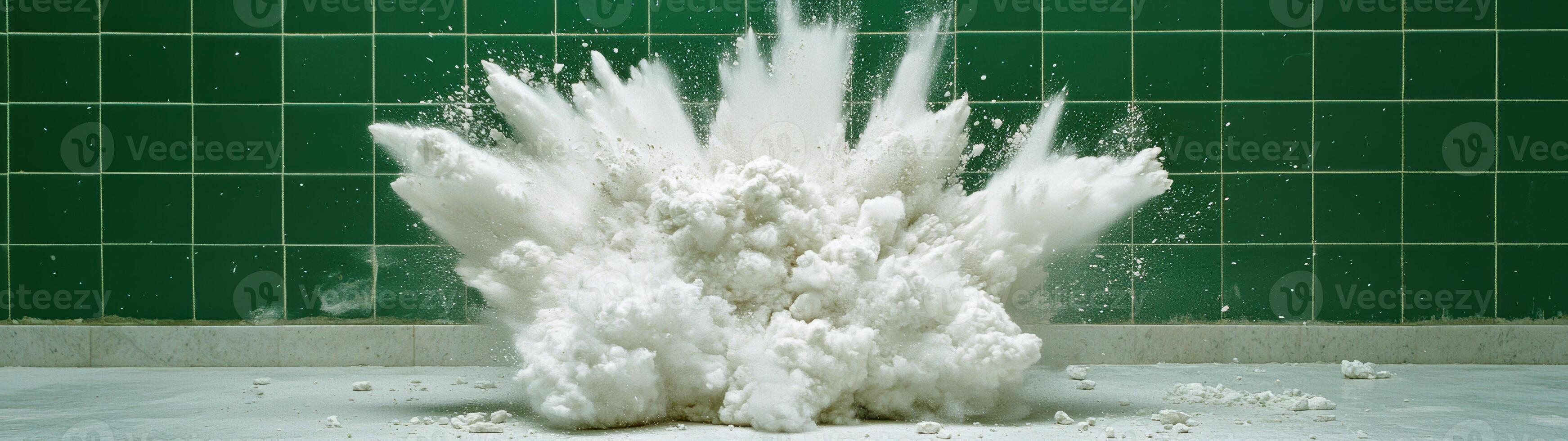 Explosive white powder blast on green background photo