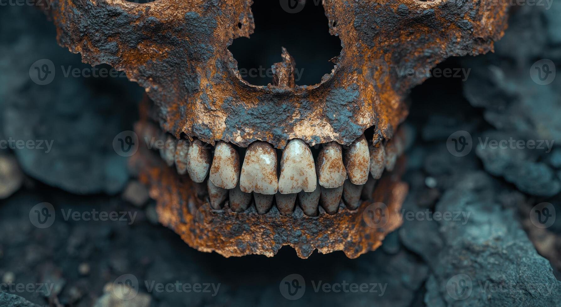 Closeup of a weathered and rusted metal skull photo