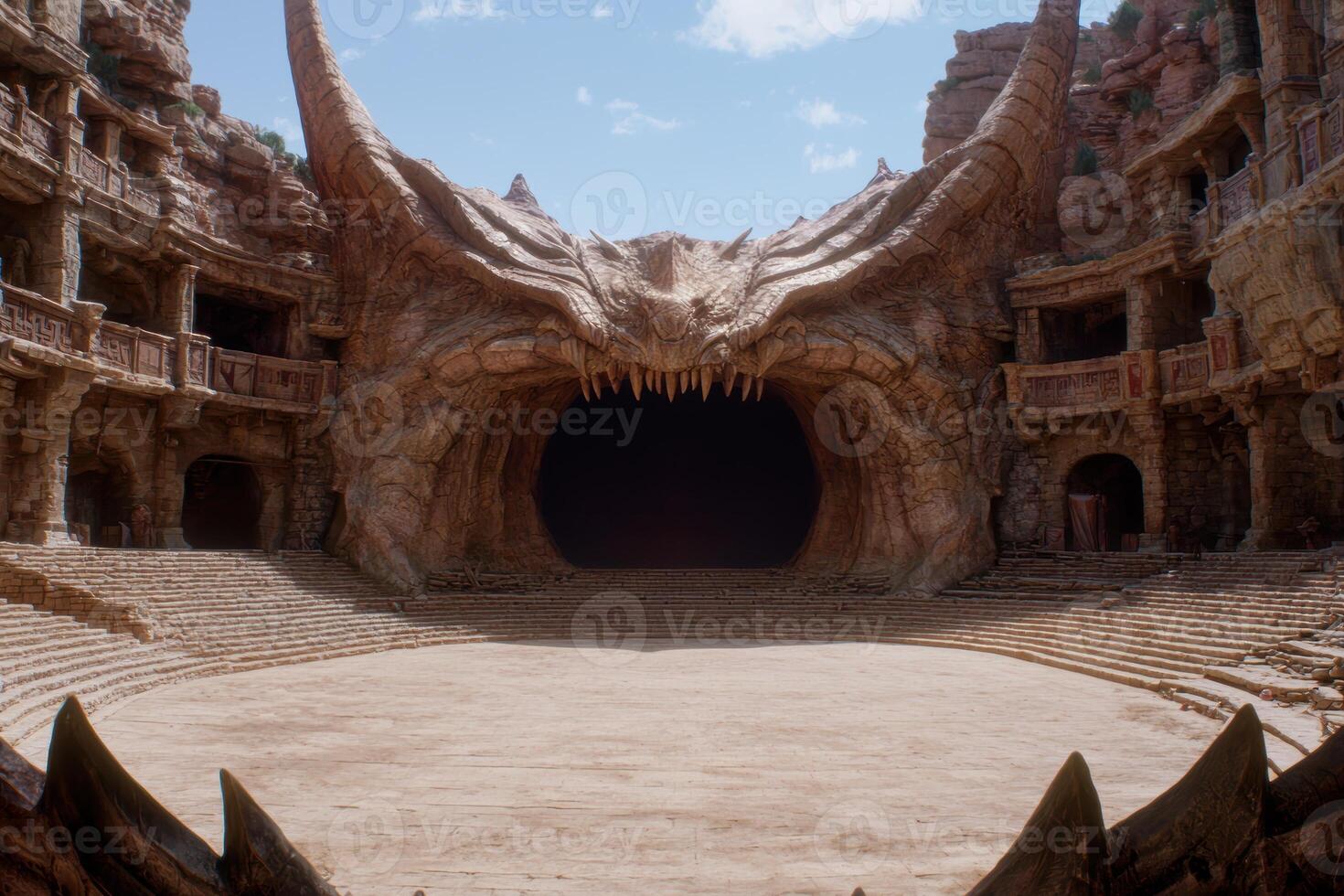 Massive fantasy dragon mouth entrance to ancient ruins photo