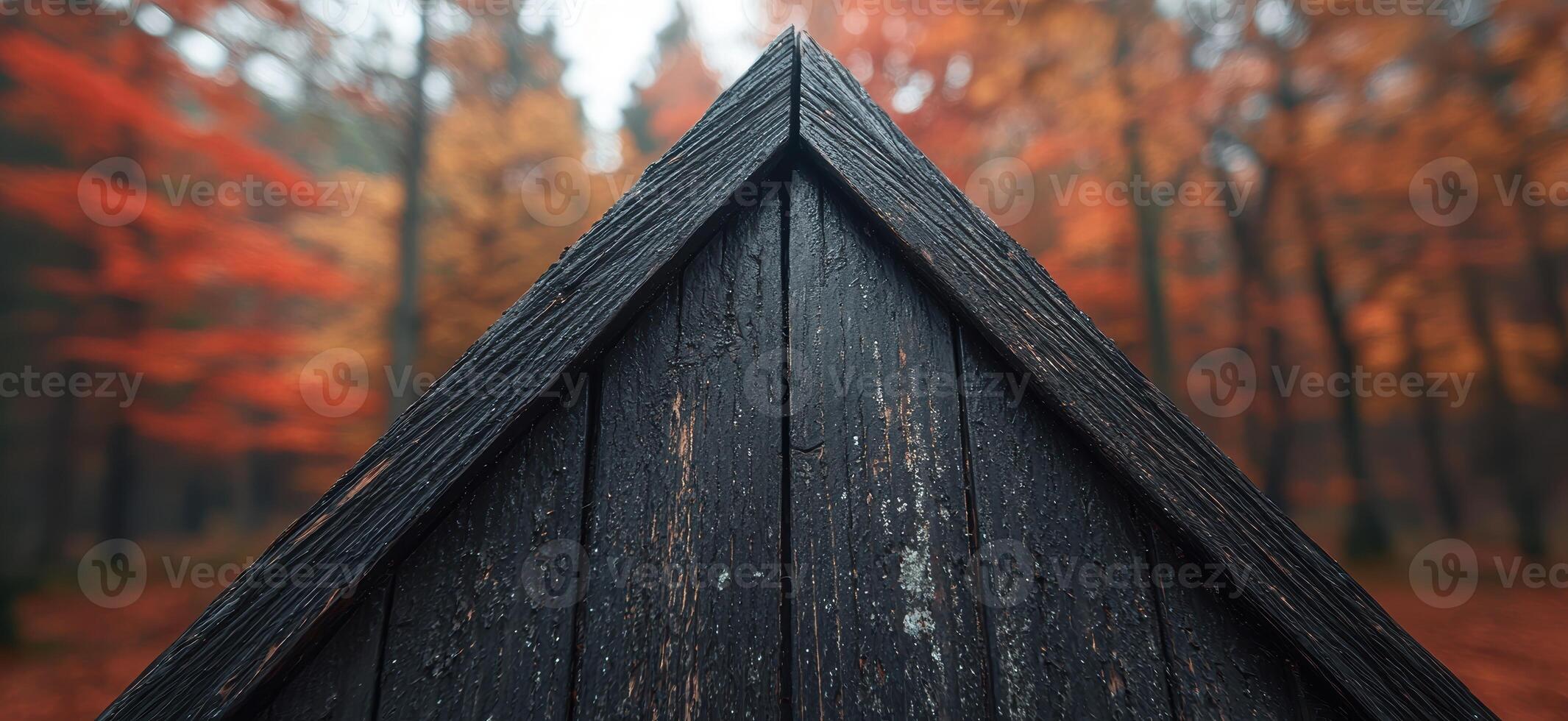 Mysterious wooden cabin in autumn forest photo