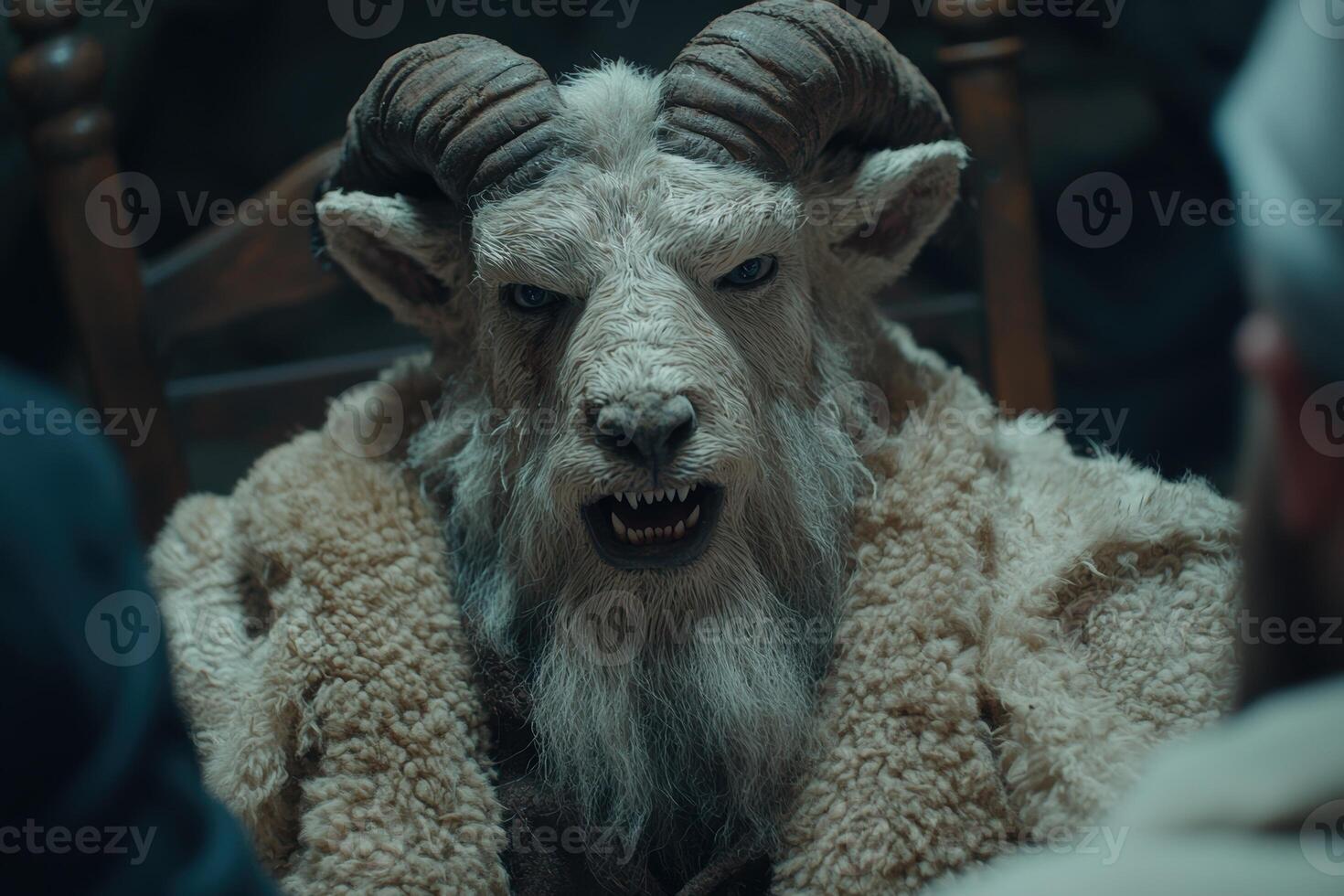 Fearsome goat with horns and sharp teeth photo