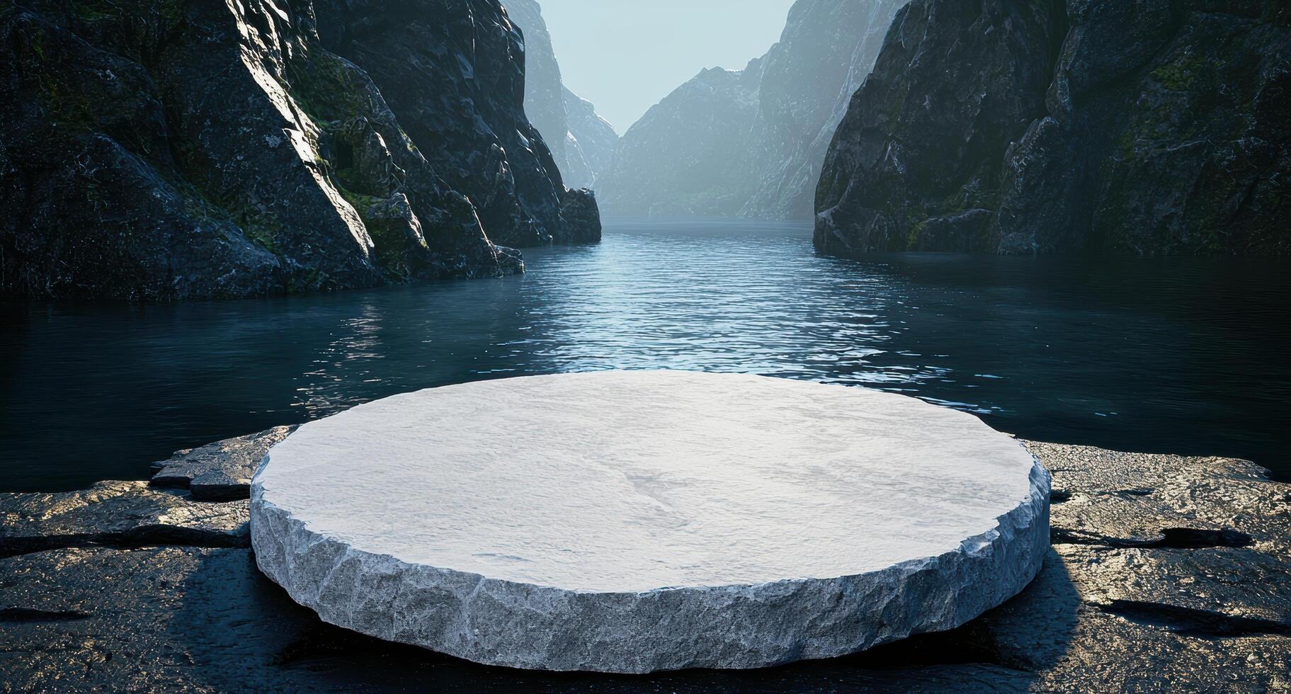 Serene mountain lake with rocky shore photo