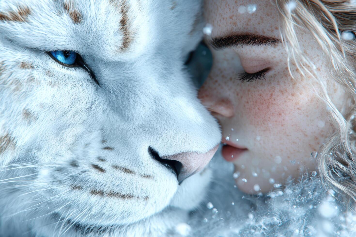 close up of a white wolf with piercing blue eyes photo