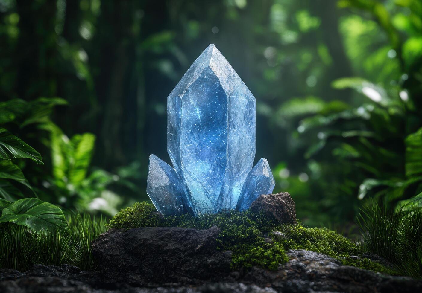 Mystical crystal quartz in enchanted forest photo