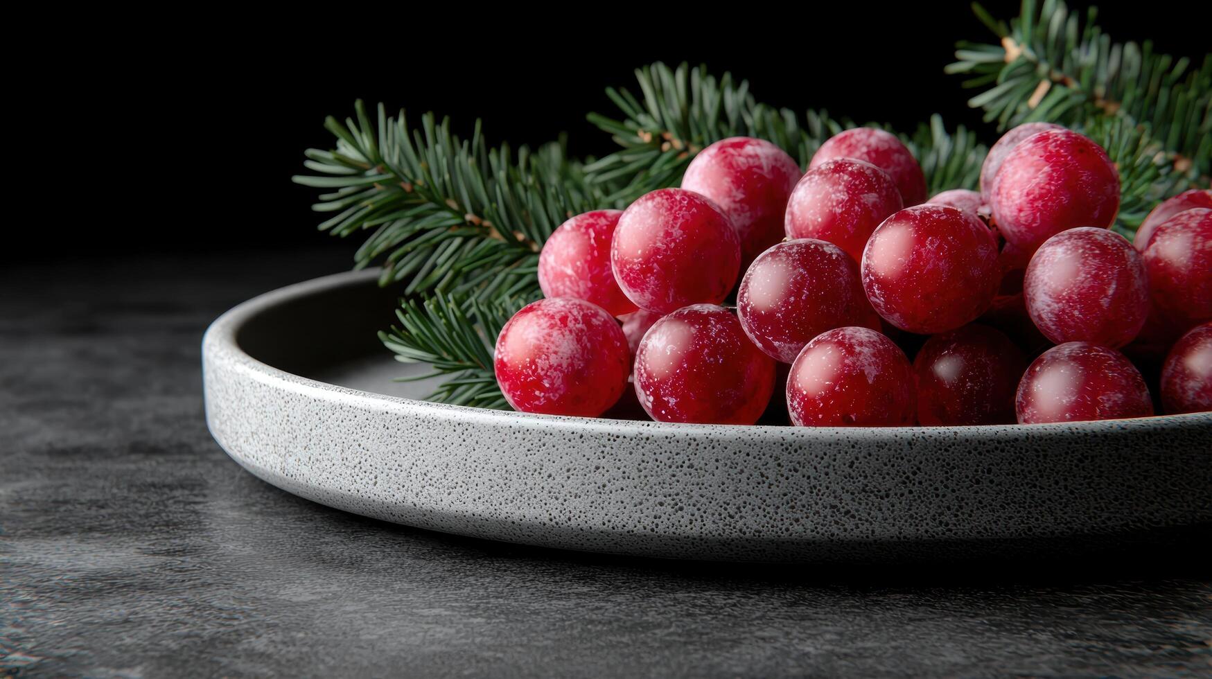 Red Christmas cranberries in a bowl with pine branches photo