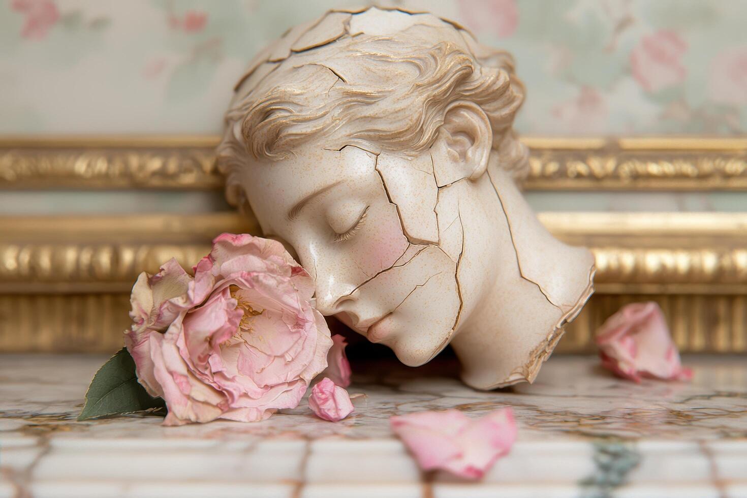Cracked porcelain figure with pink rose petals photo