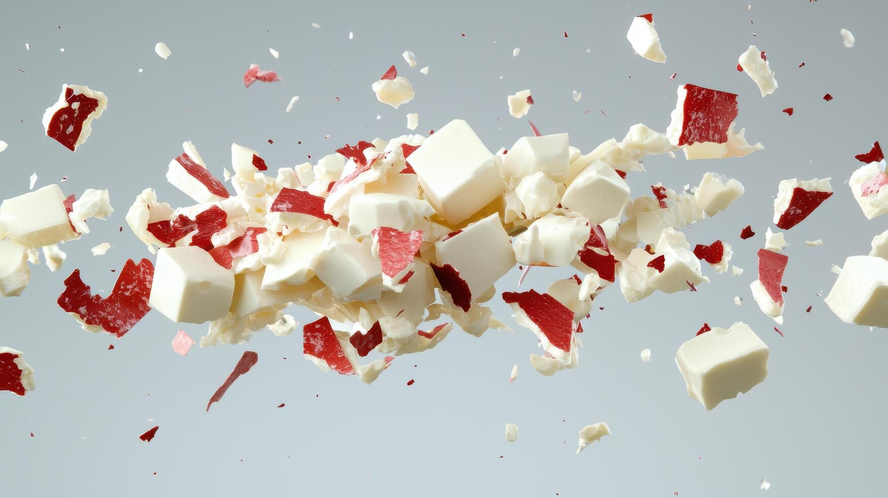 Scattered pieces of white and red candy photo