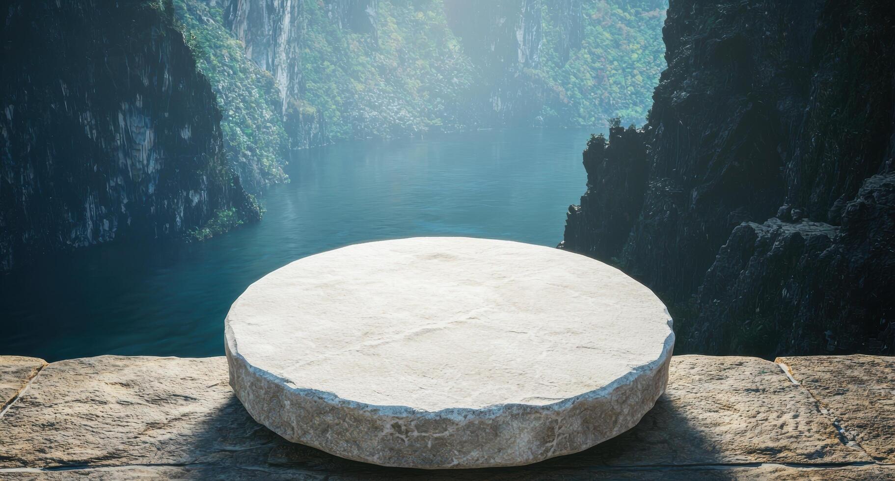 Serene stone platform in lush tropical landscape photo