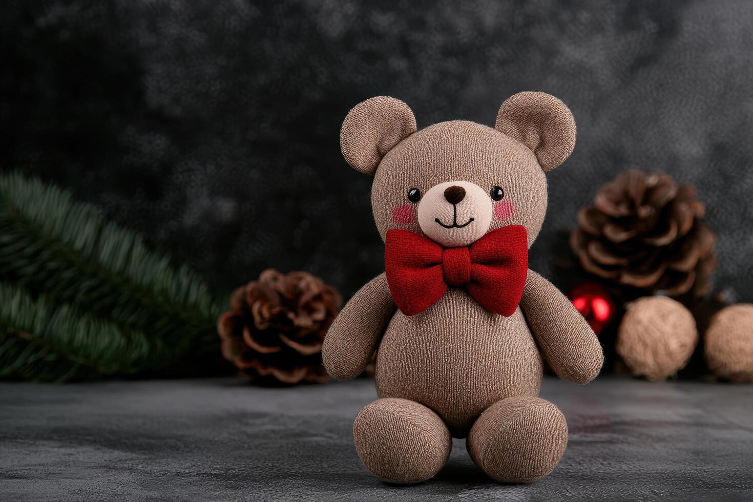 Cute teddy bear with red bow tie in festive winter setting photo