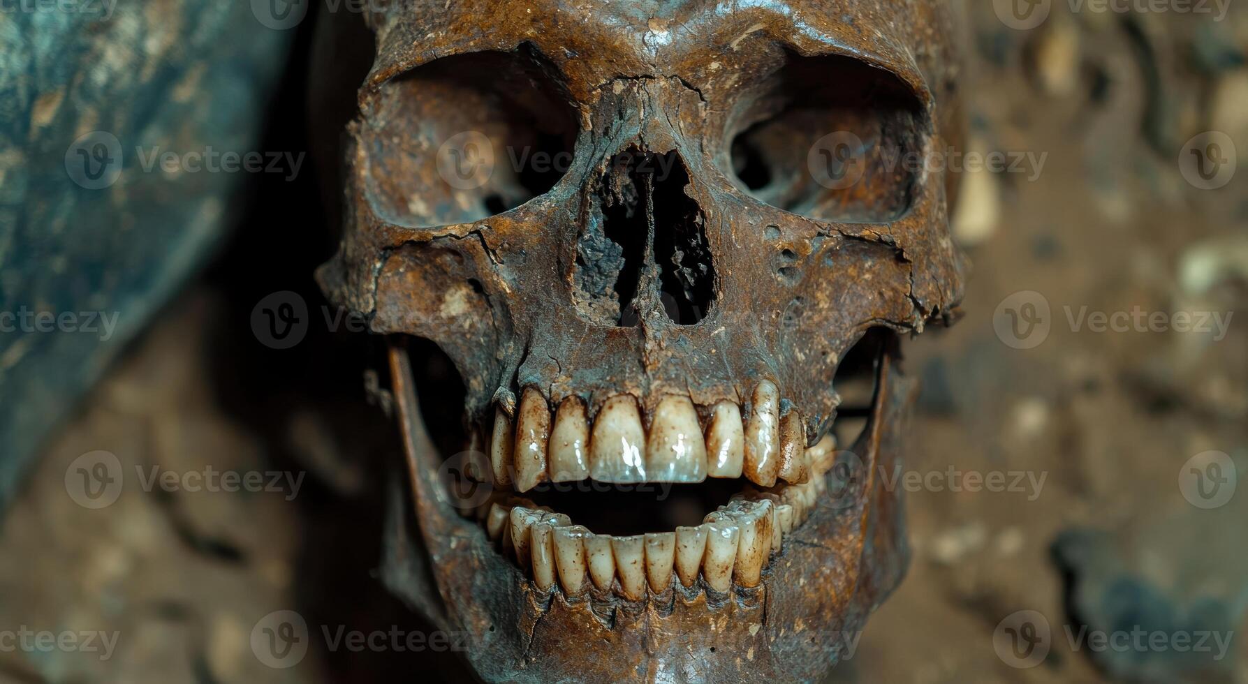 Closeup of a weathered and decaying human skull photo
