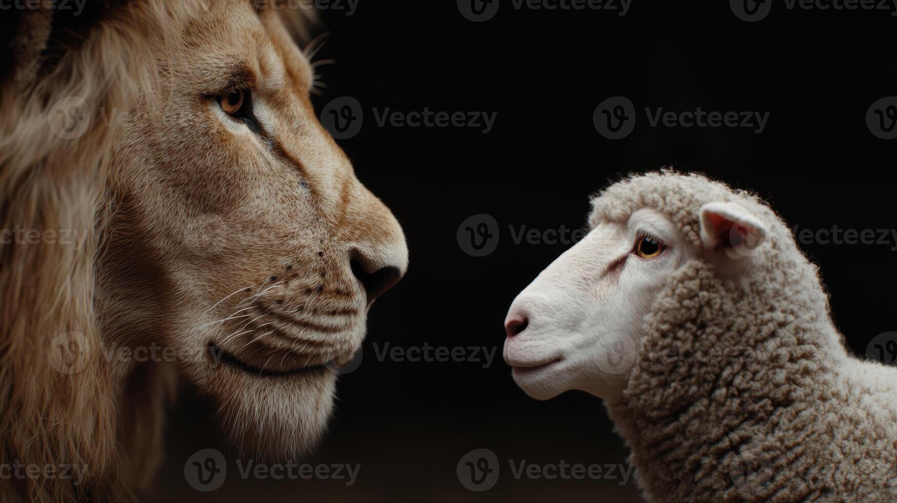 Powerful lion and innocent lamb face to face photo