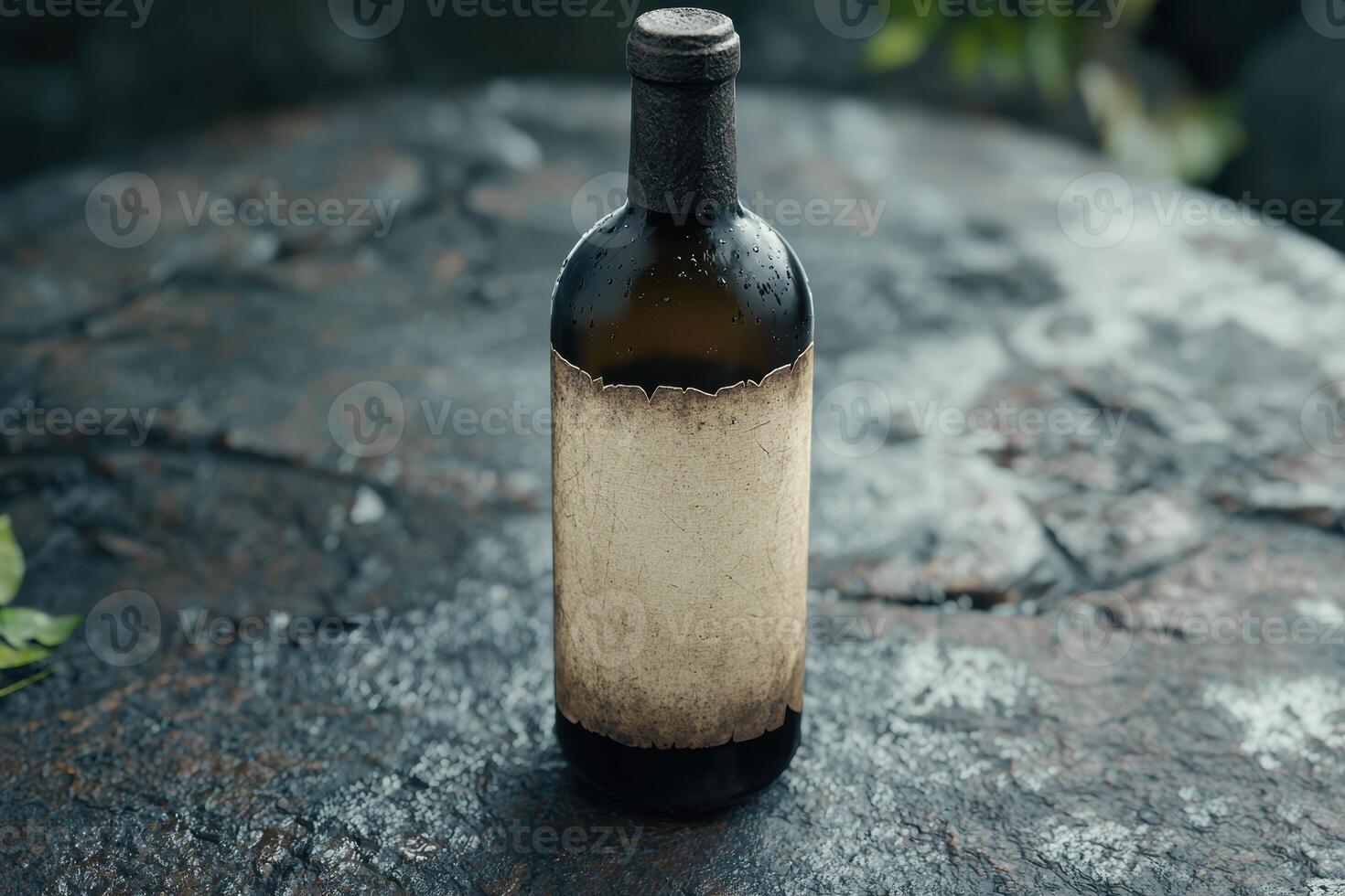 Weathered wine bottle on rocky surface photo