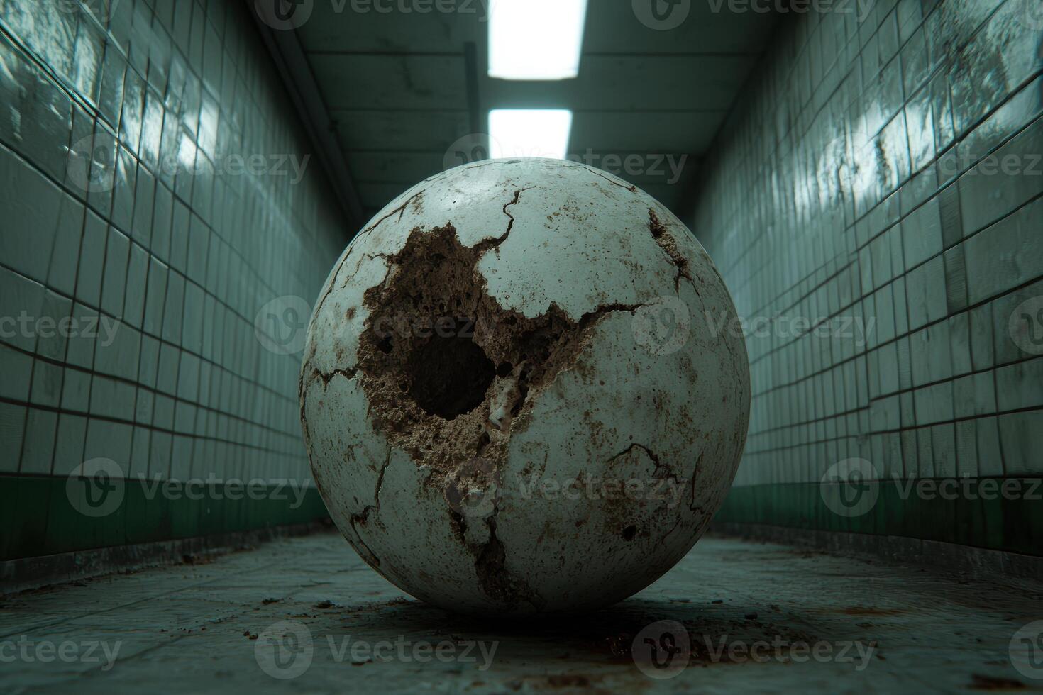 Cracked and weathered concrete sphere in dark hallway photo