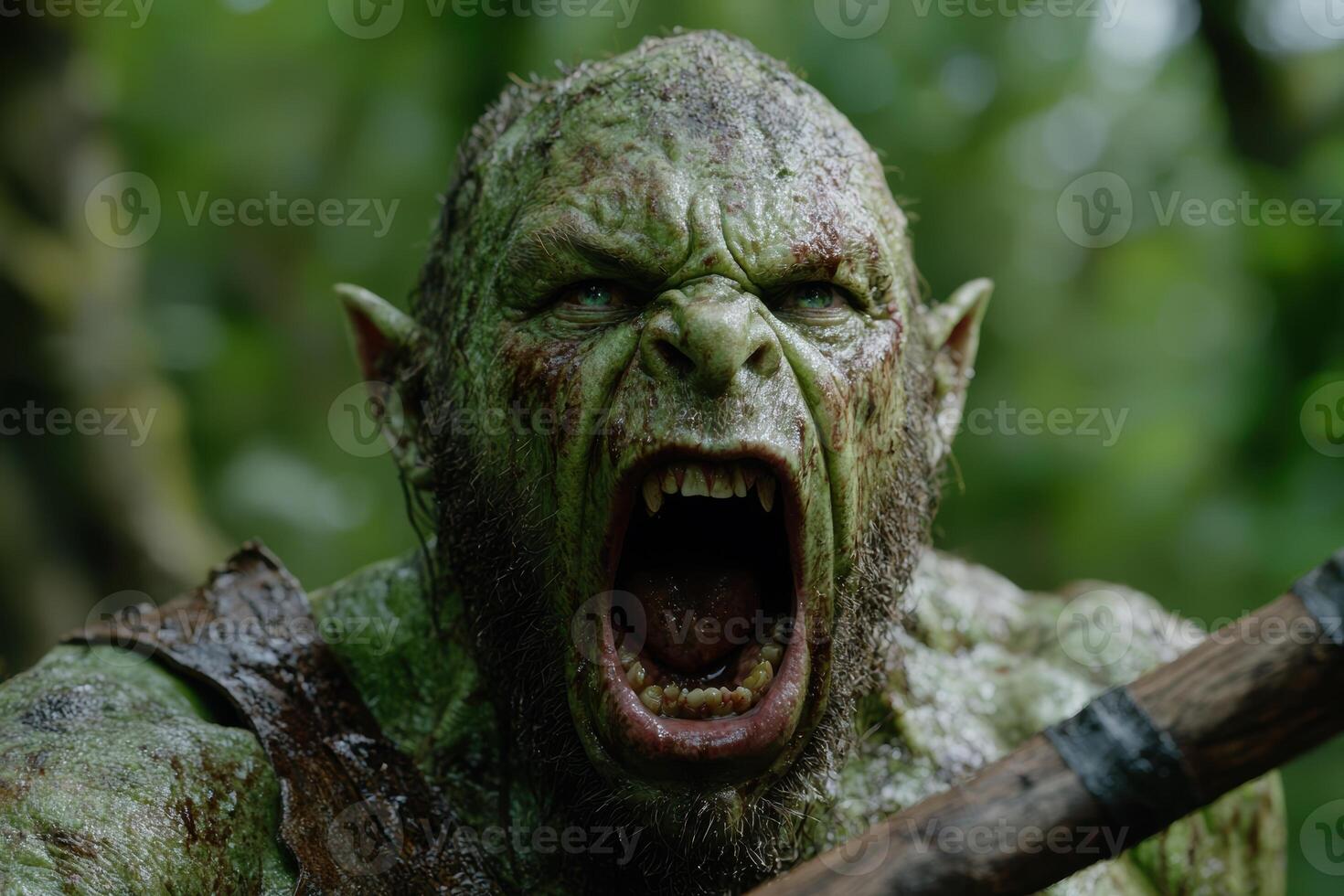 Fearsome green monster with sharp teeth and angry expression photo