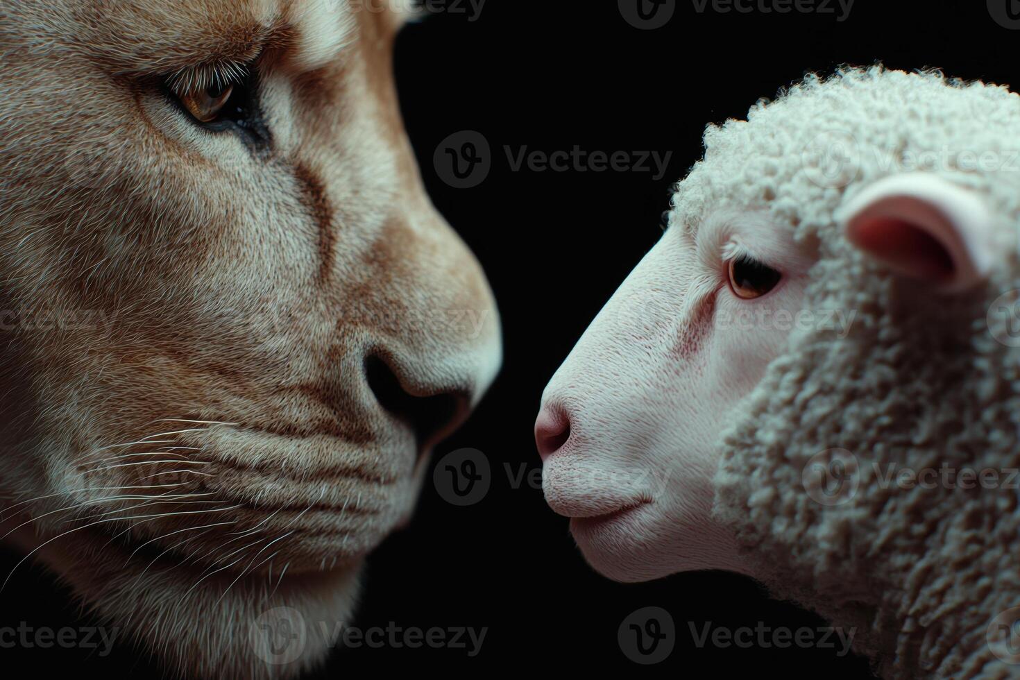 close up of a cat and lamb facing each other photo