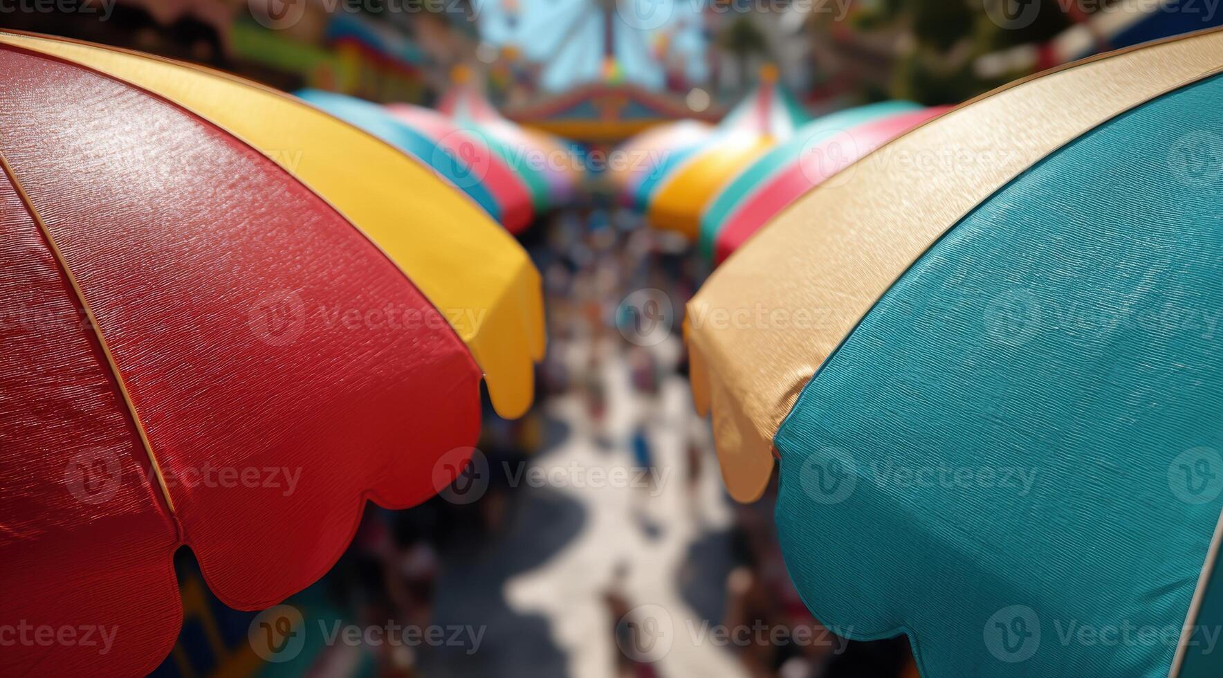 Colorful umbrellas in a crowded street photo