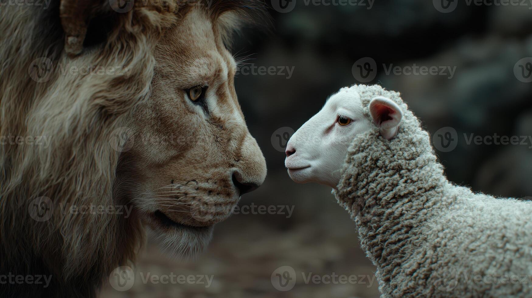 Majestic lion and curious lamb face to face photo