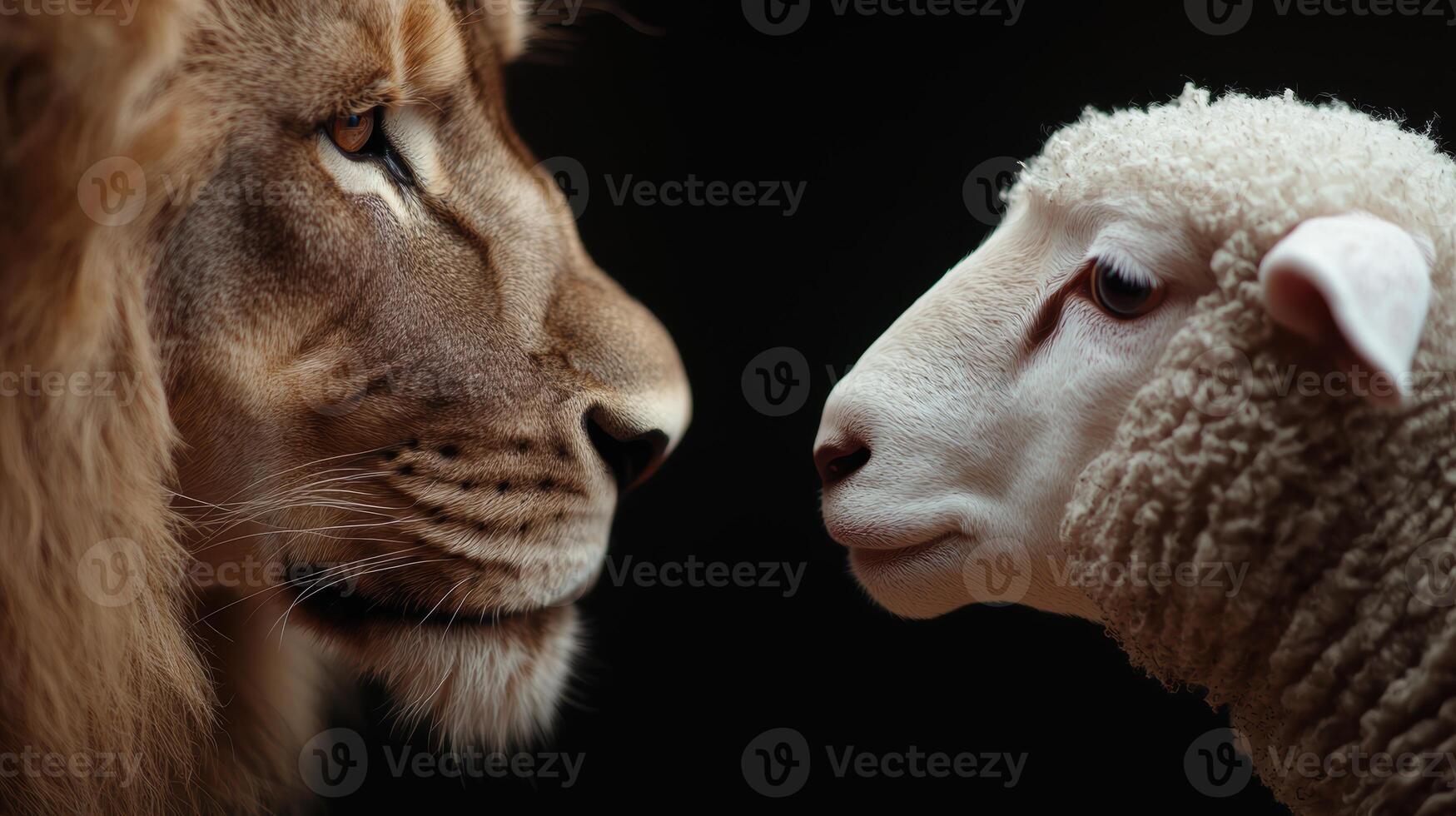 close up of lion and sheep face to face photo