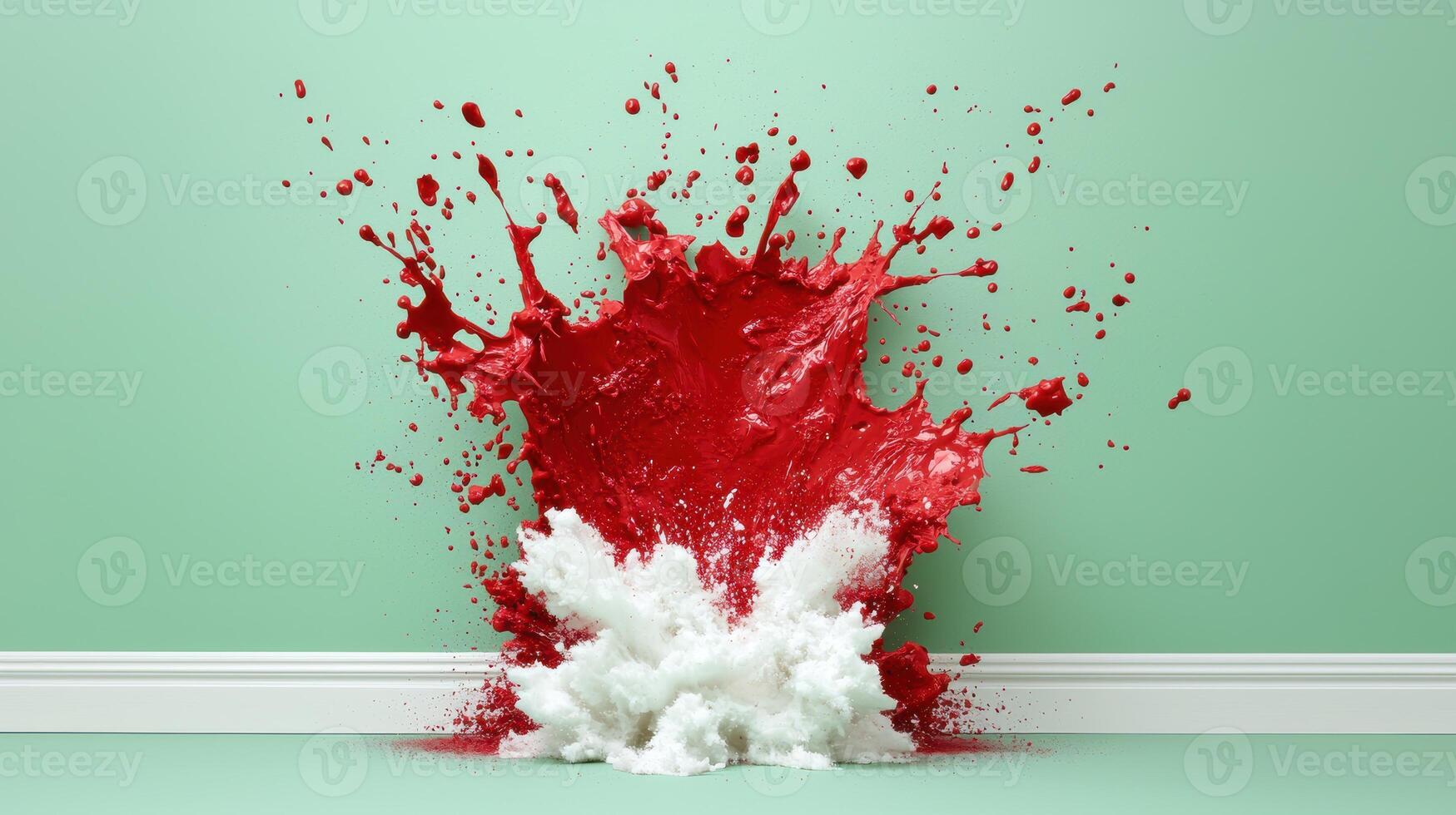 Dramatic red paint splash on green background photo
