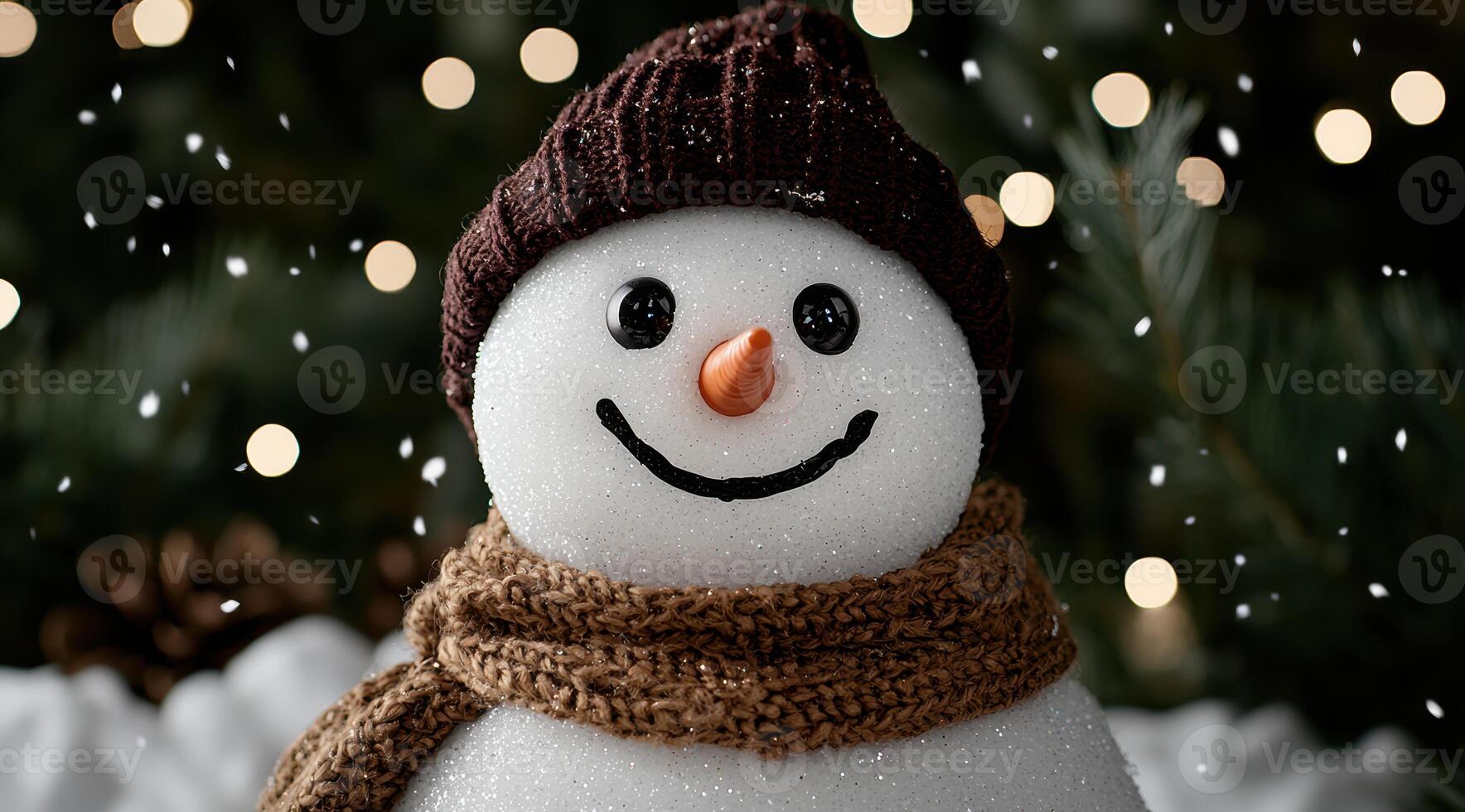 Cheerful snowman with scarf and hat photo