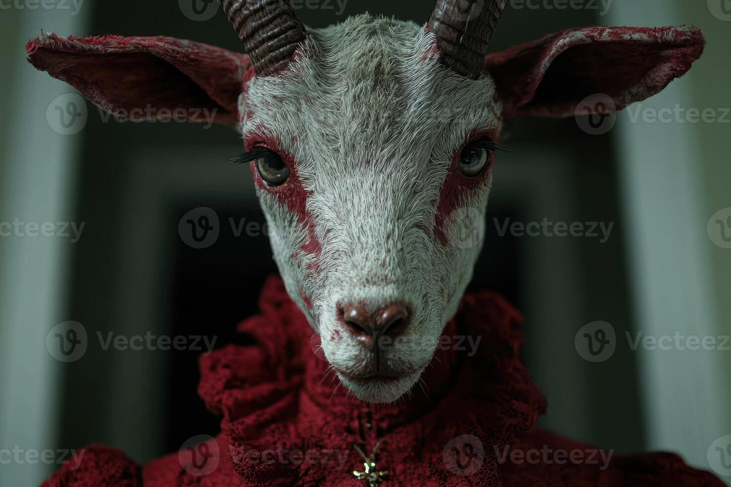 Mysterious goat with red horns and flowers photo