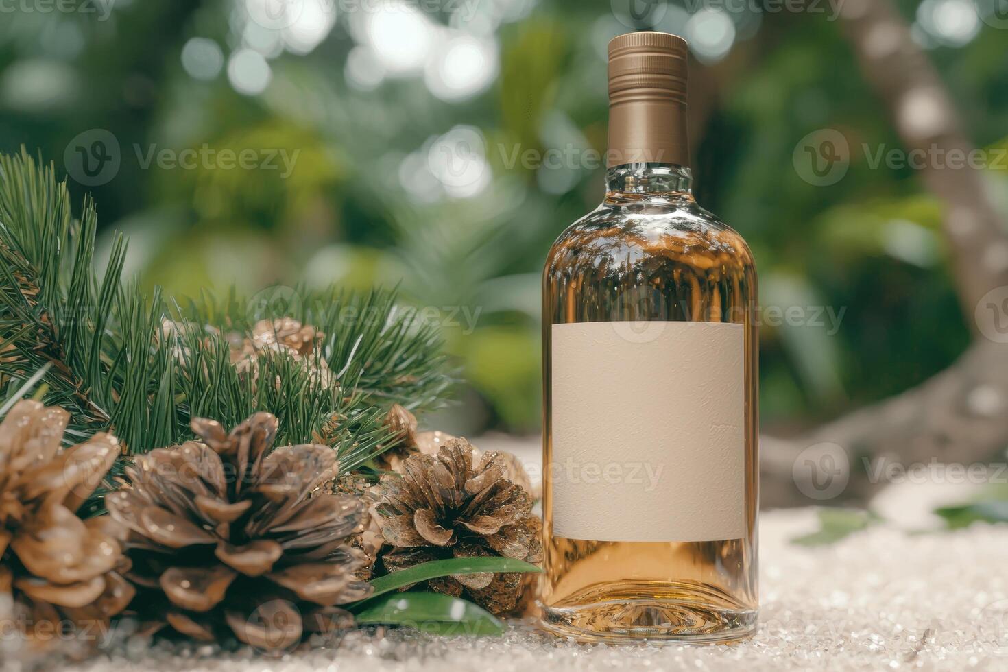 Festive winter scene with pine cones and whiskey bottle photo