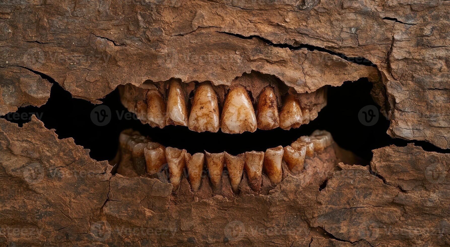 Fossilized prehistoric teeth embedded in rock photo
