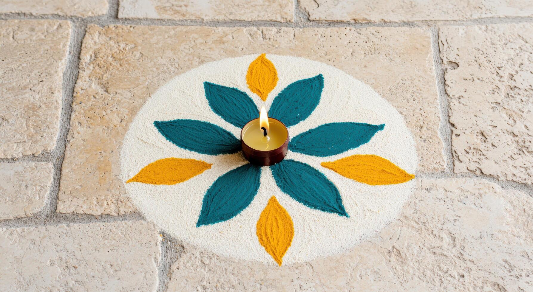 Decorative floral design with candle on stone floor photo