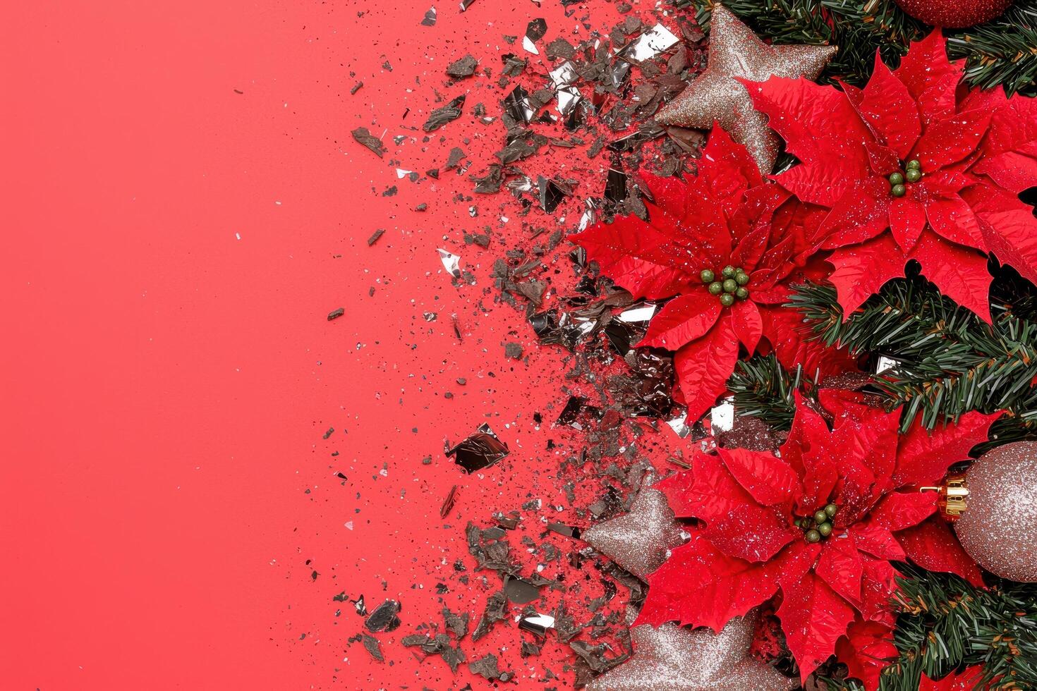 festive christmas decoration with red poinsettia flowers and shiny ornaments photo