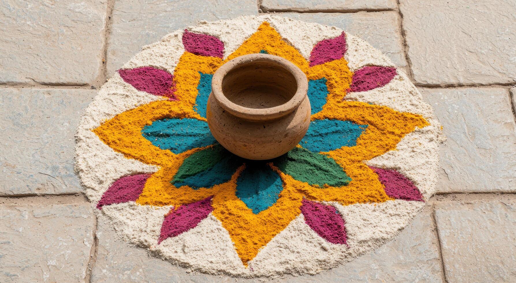 colorful flower shaped rangoli design with clay pot photo