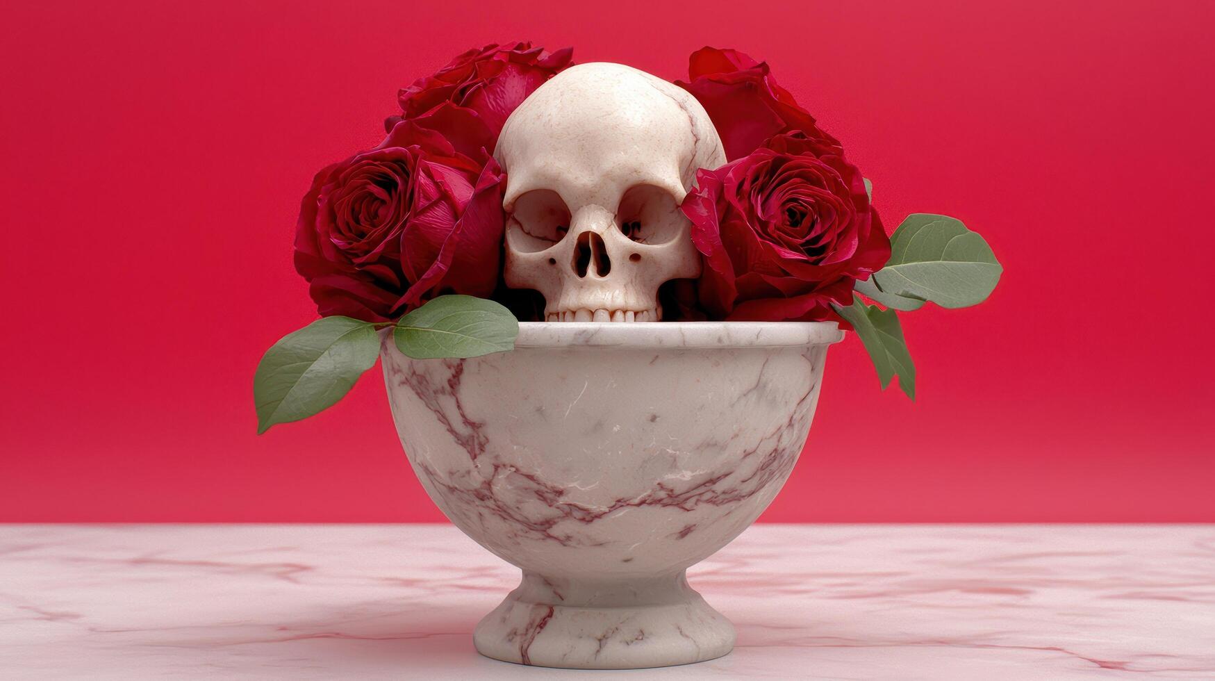 Skull and roses in marble vase photo