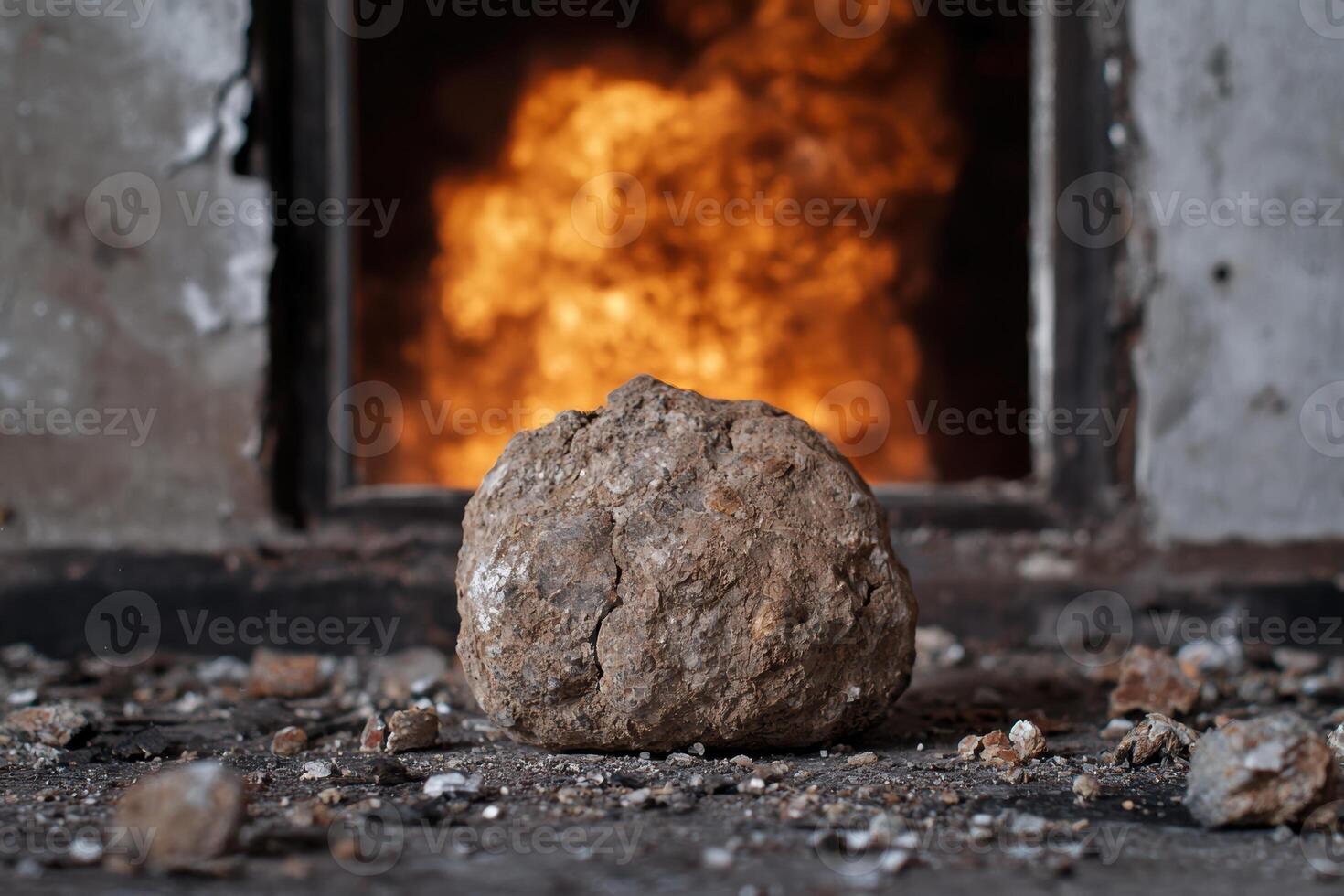 Burning fire in old fireplace with rock photo