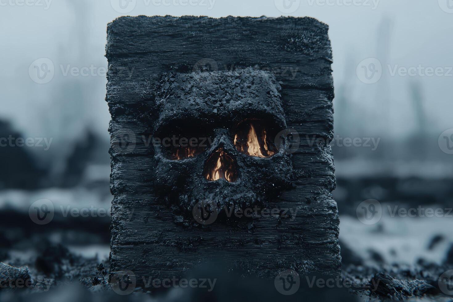 Spooky skull shaped charred log in dark, moody forest photo