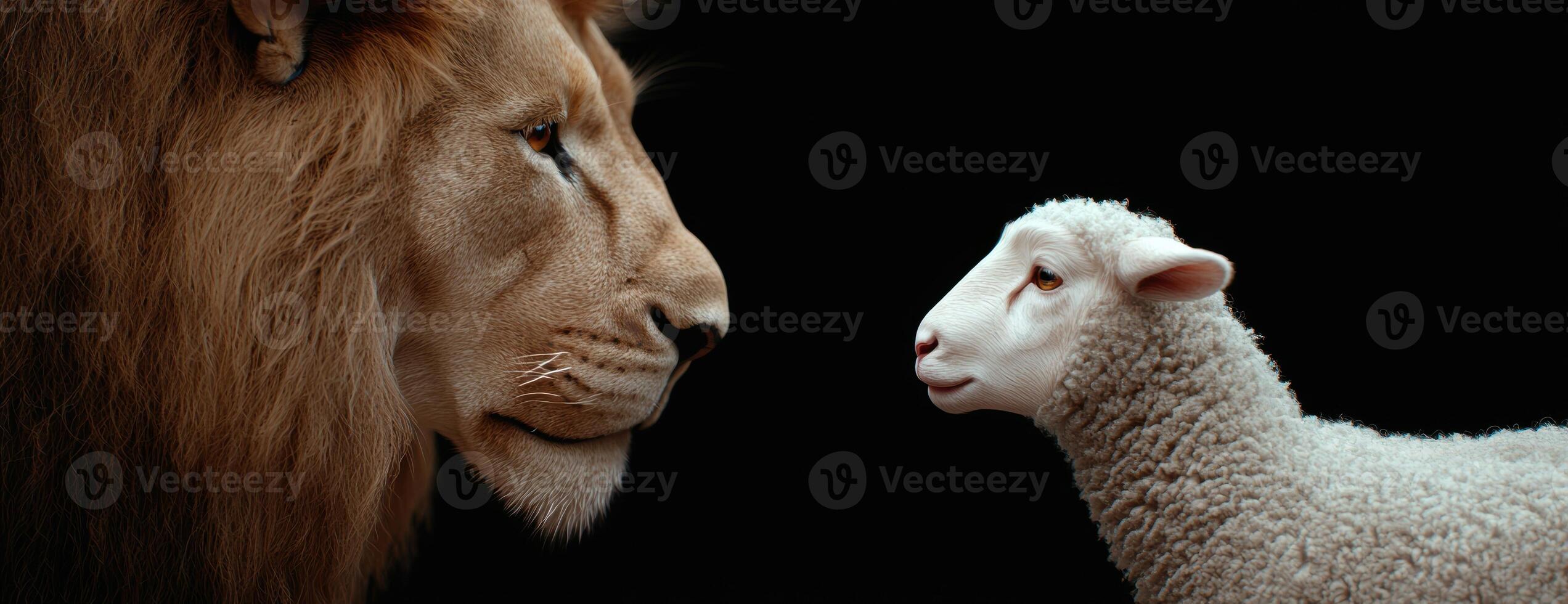 Powerful lion and innocent lamb in confrontation photo