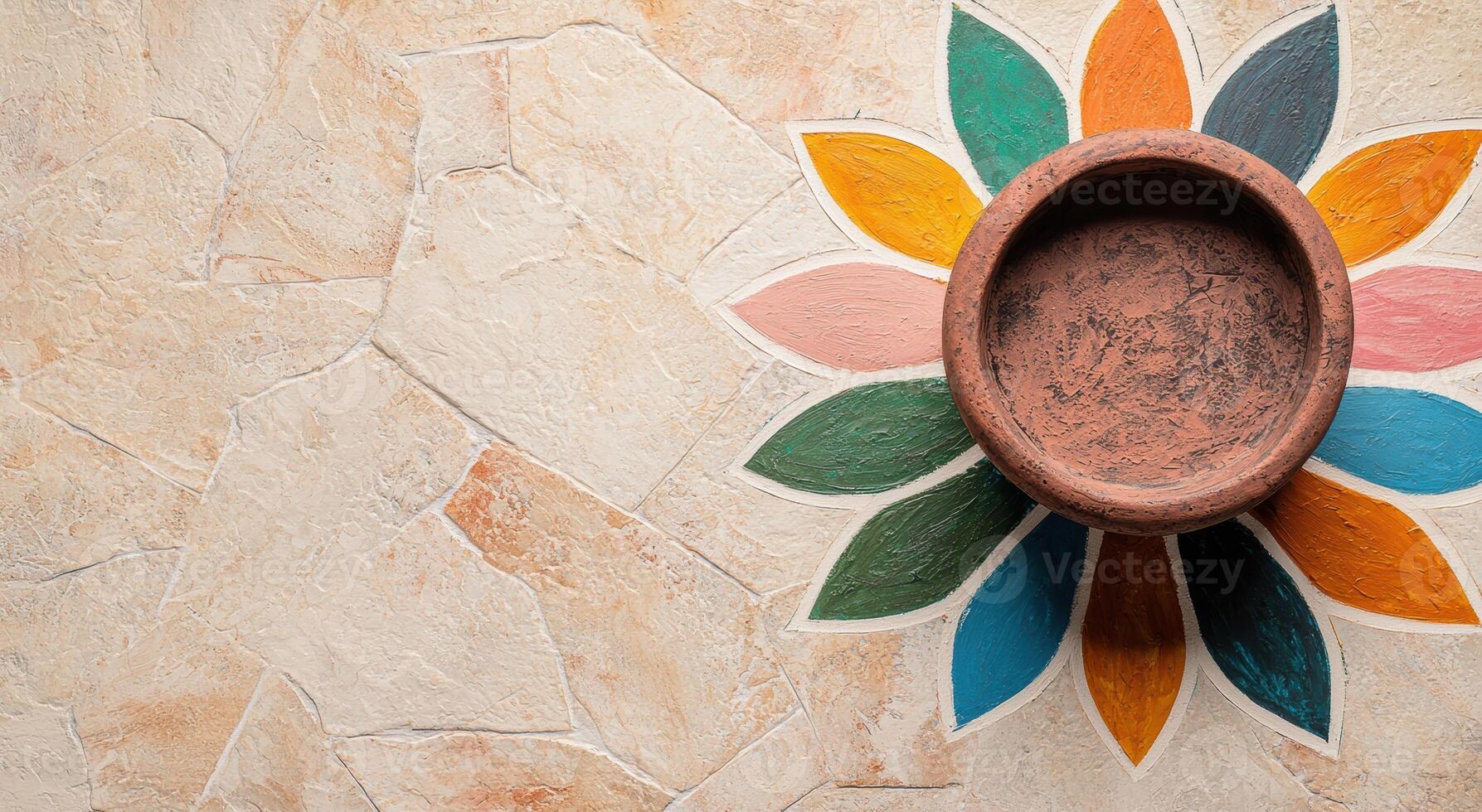 Vibrant ceramic flower pot on textured wall photo